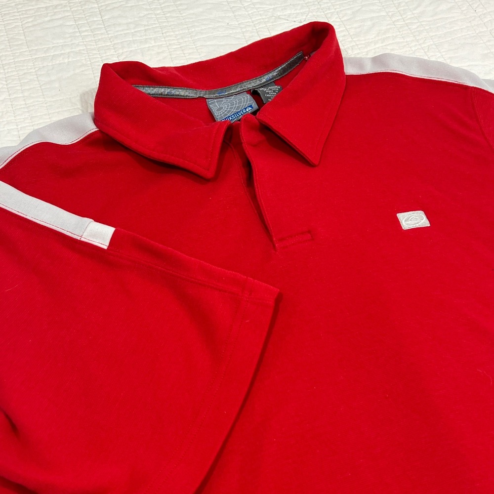 Quiksilver Mens Red Grey Stripe‎ Short Sleeve Polo Shirt XL Embroidered Logo